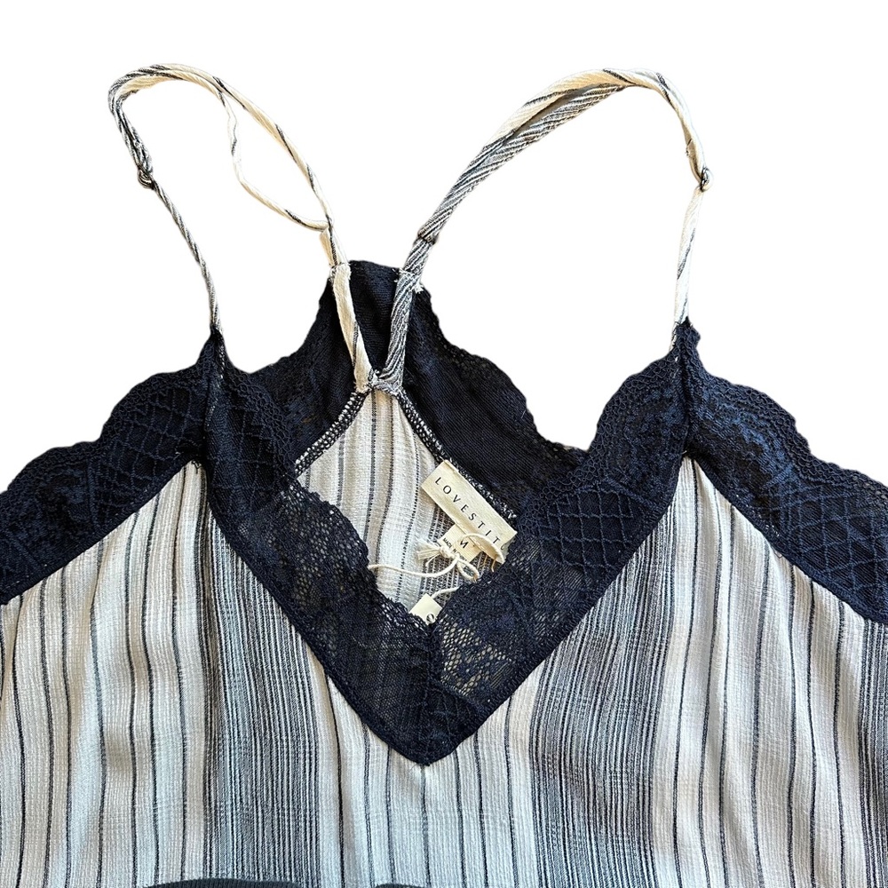 NWT Lovestitch Striped Camisole Tank with Lace Navy & Ivory Sz M - Picture 2 of 13